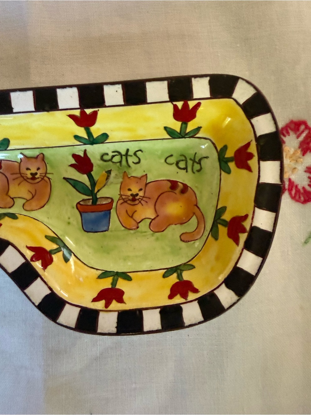 Kevin Chen enamel on copper eyeglass holder tray “Cats” design signed Vintage - Picture 7 of 7